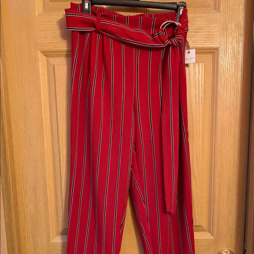 Red striped pants with attached belt